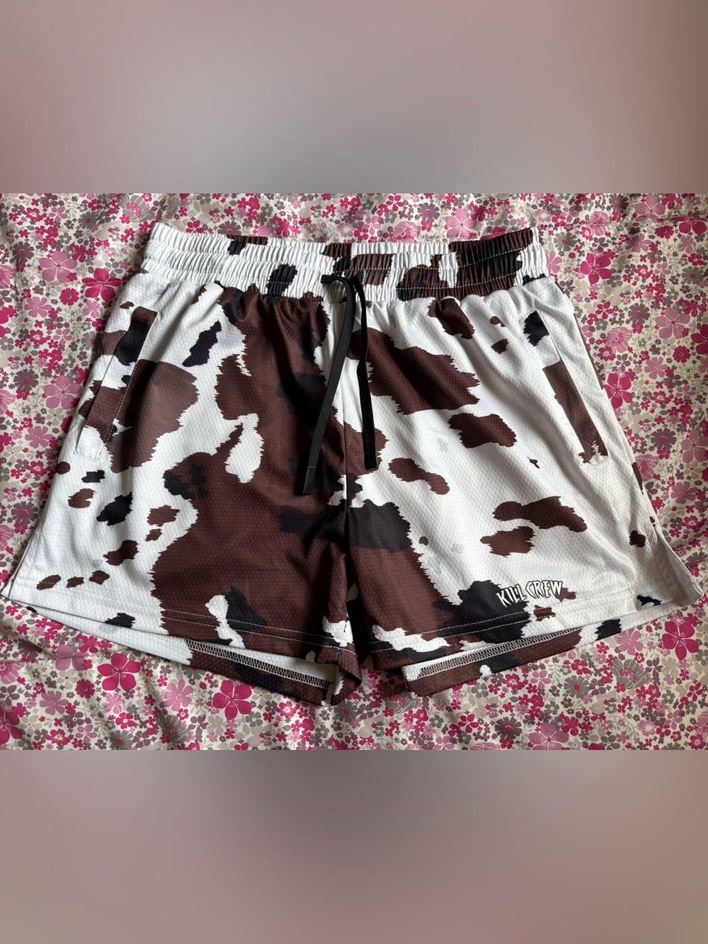 Kill Crew White & Brown Cow Print Athletic Shorts
